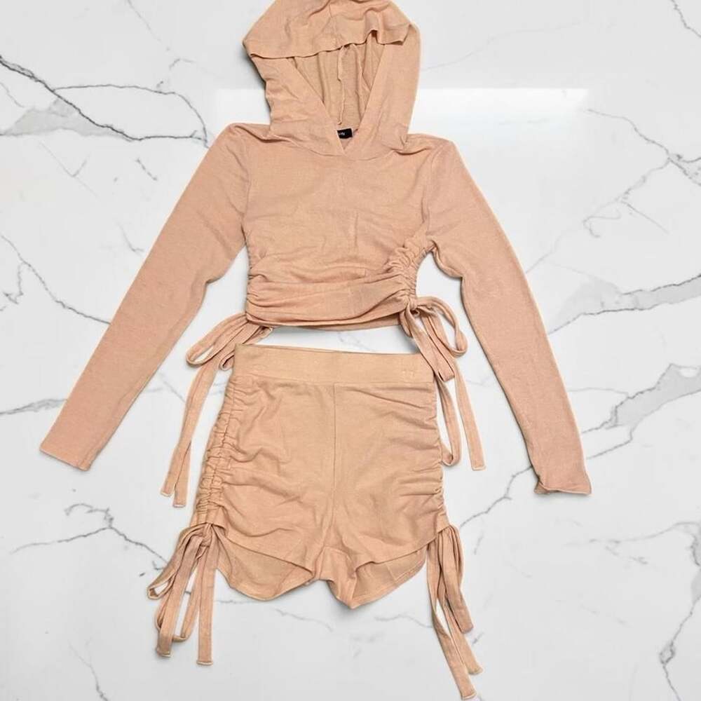 Boutique Ruched Hoodie and Shorts Lounge Set Peach Pink